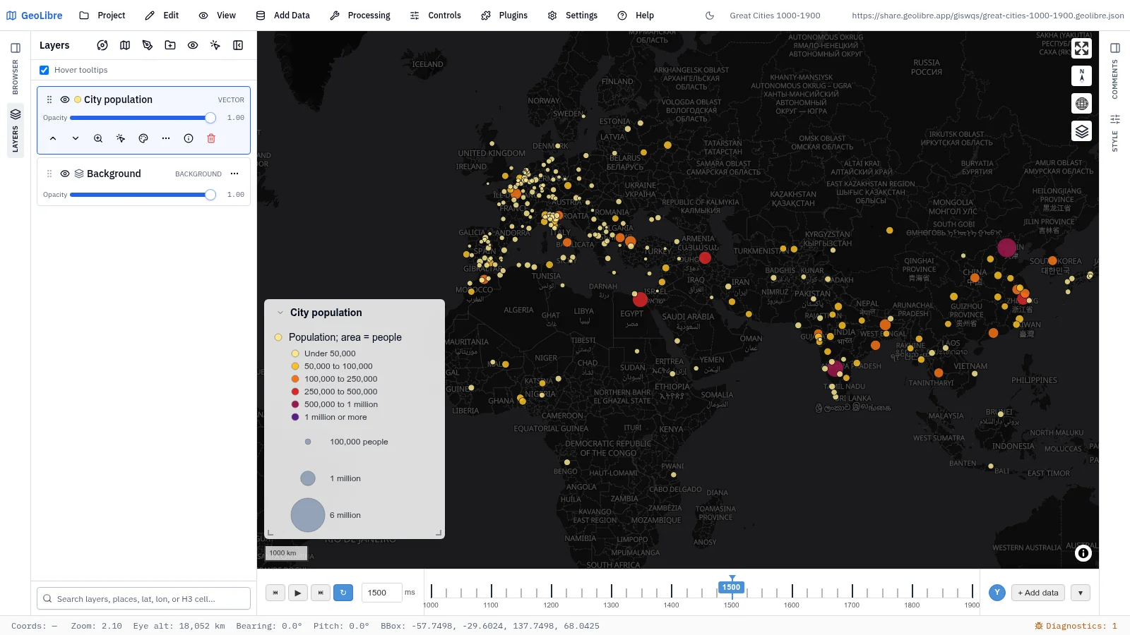 GeoLibre map: Great cities, 1000–1900