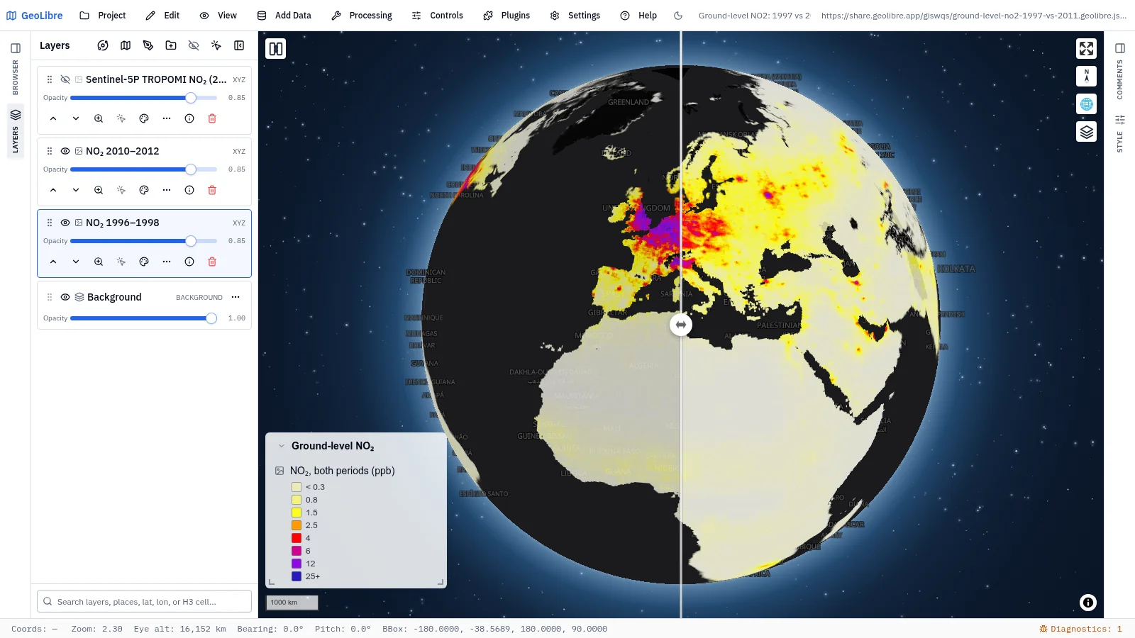 GeoLibre map: Ground-level NO₂, 1997 vs 2011