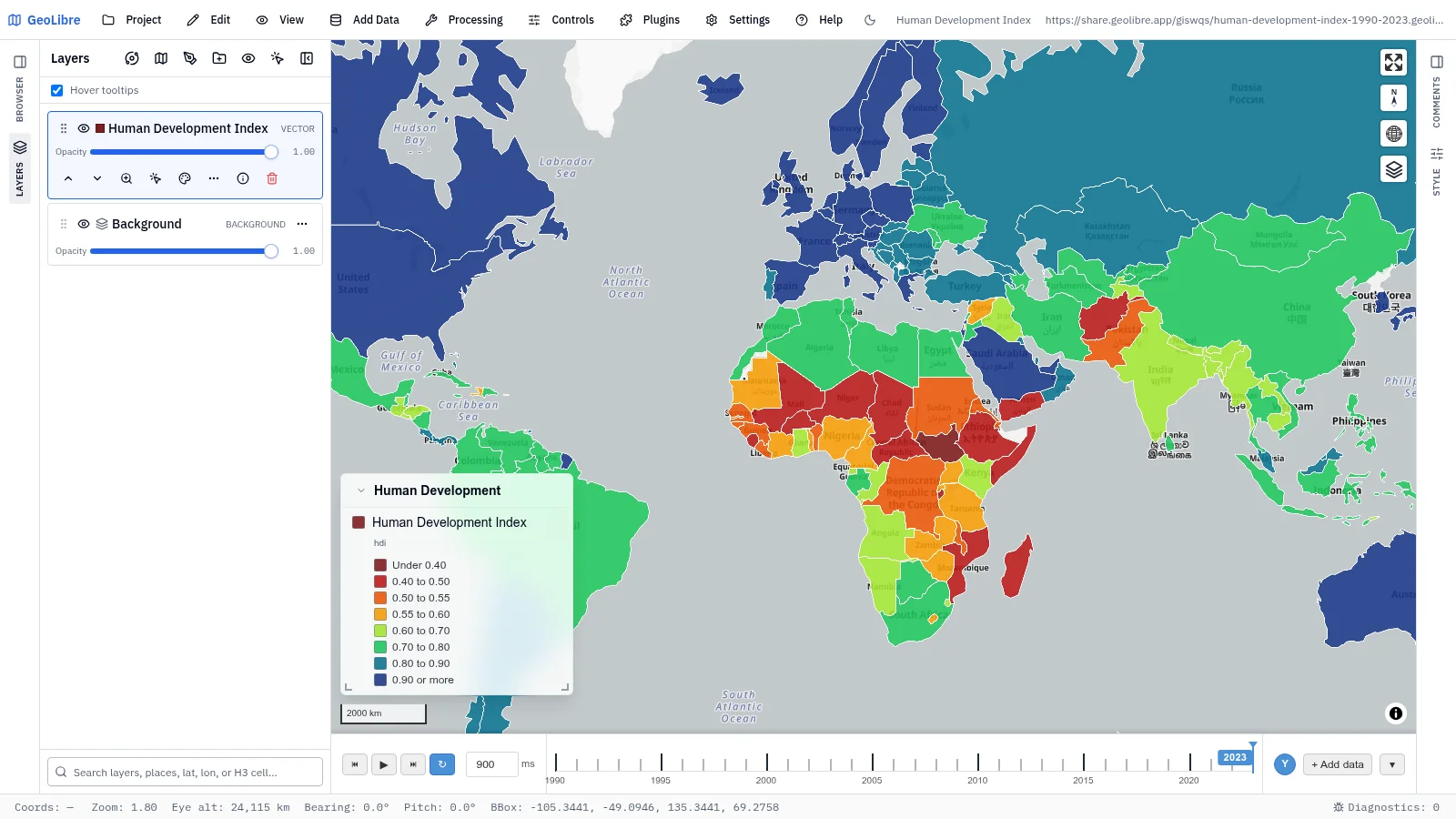 GeoLibre map: Human Development Index, 1990–2023