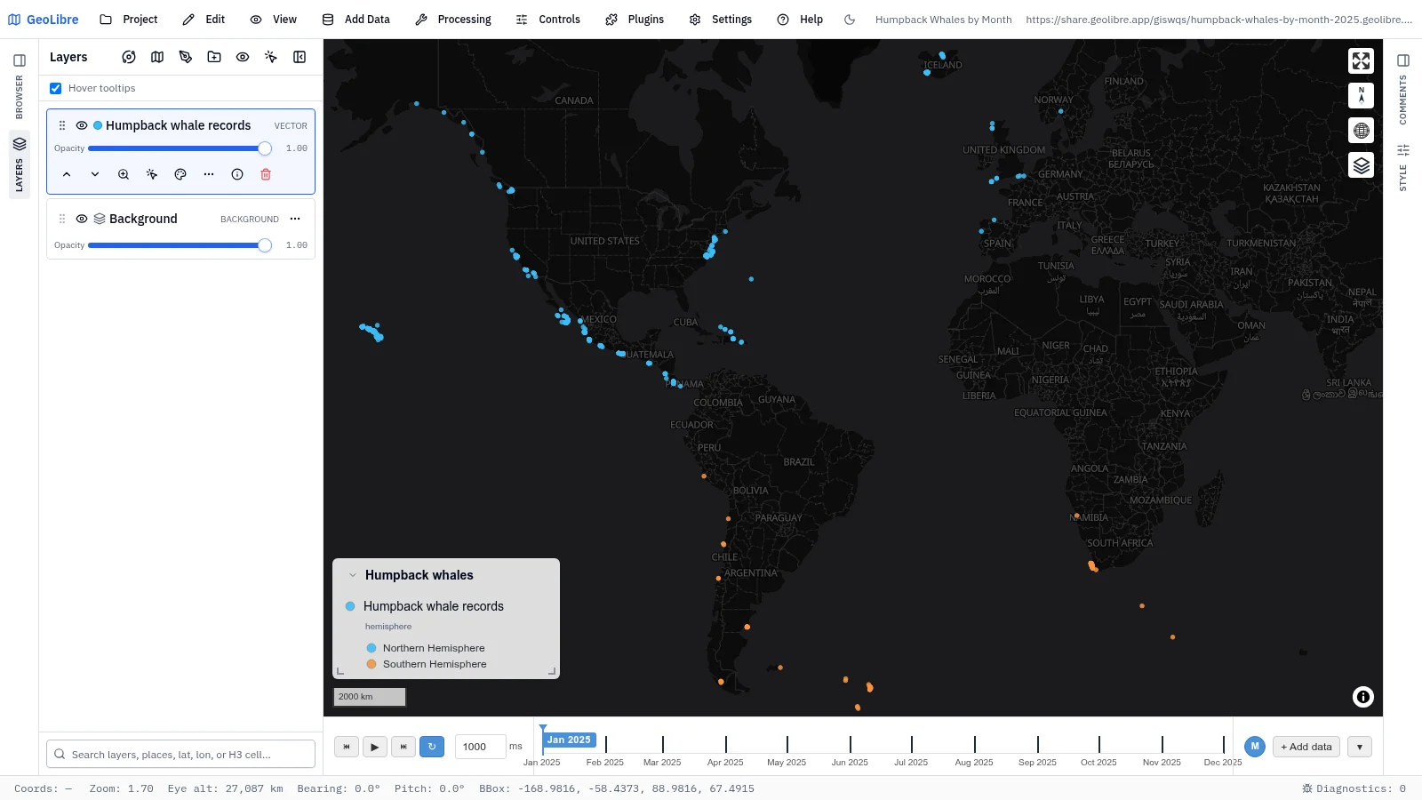 GeoLibre map: Humpback whales by month