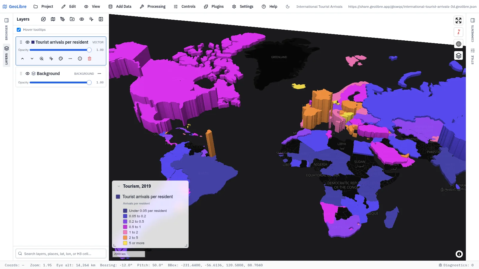 GeoLibre map: International tourist arrivals in 3D