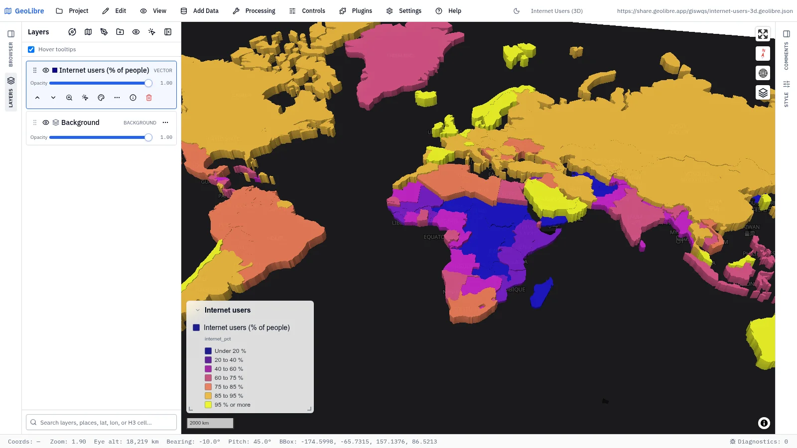 GeoLibre map: Internet users in 3D