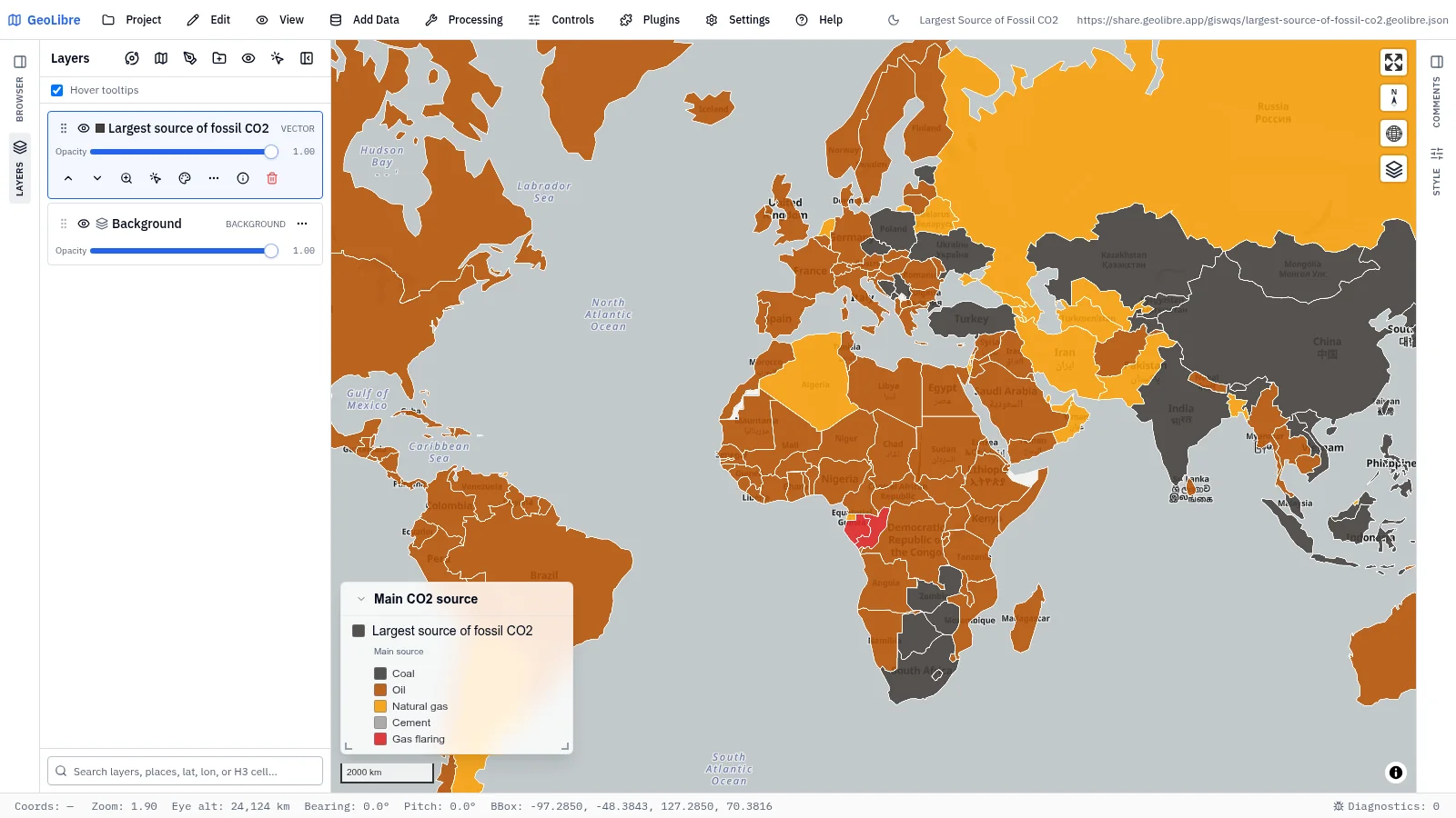 GeoLibre map: Largest source of fossil CO2