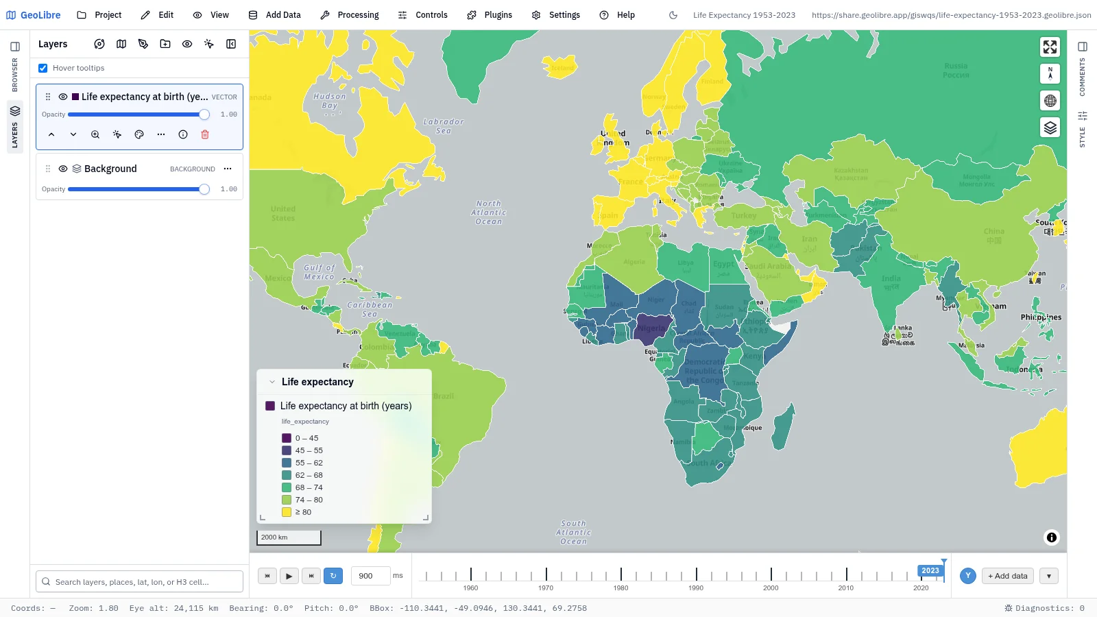 GeoLibre map: Life expectancy, 1953–2023