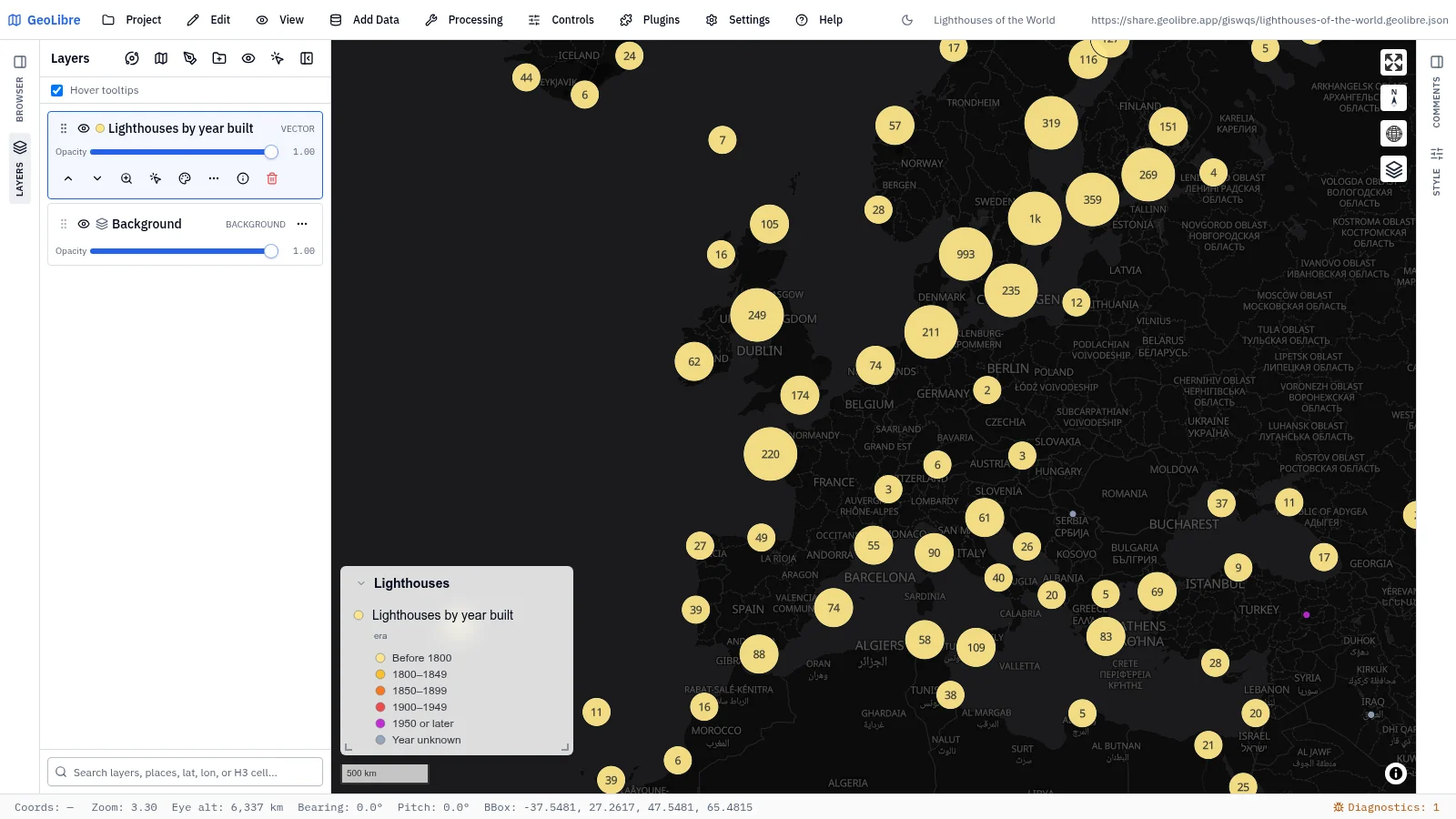 GeoLibre map: Lighthouses of the world