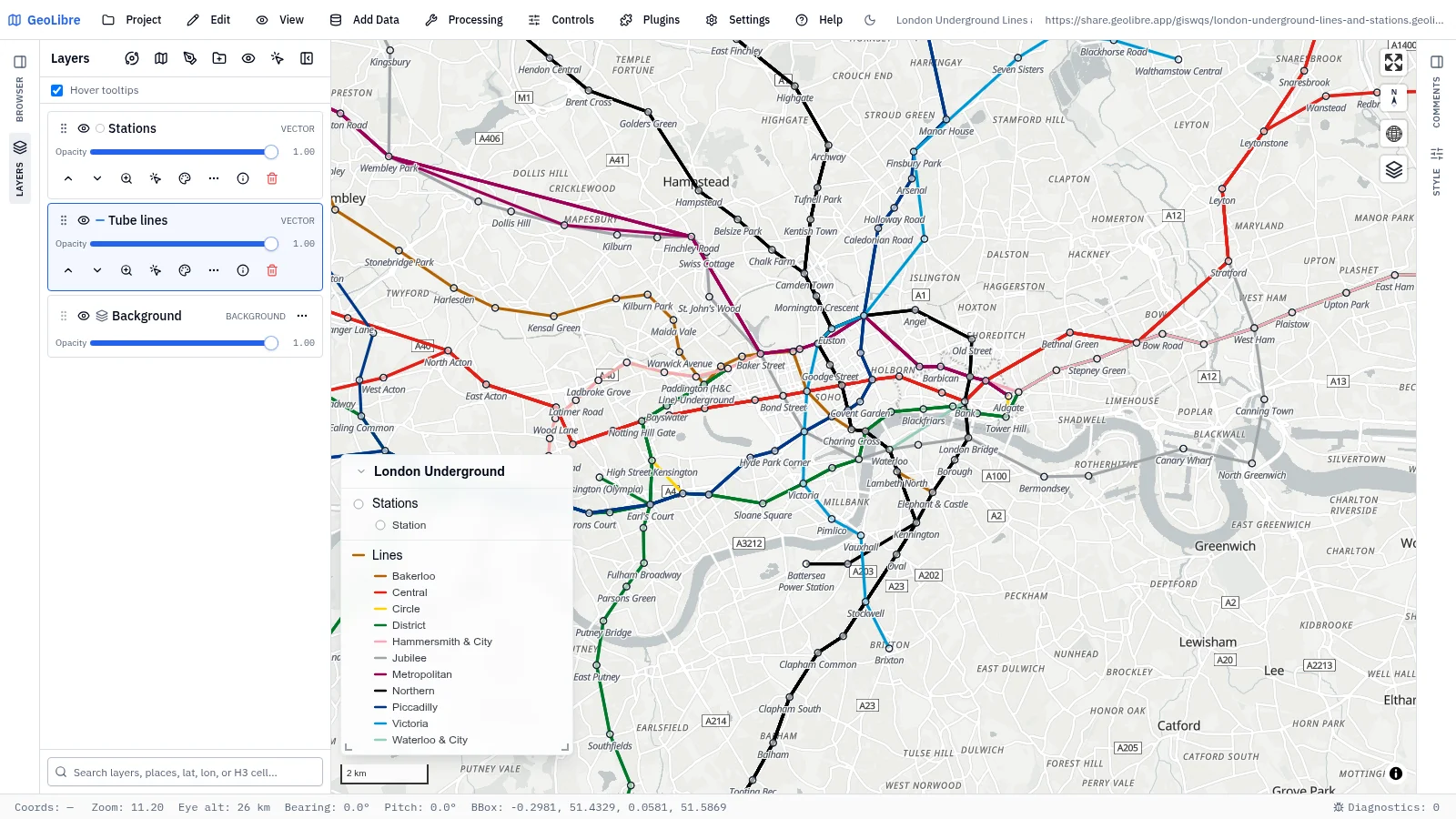GeoLibre map: London Underground lines and stations