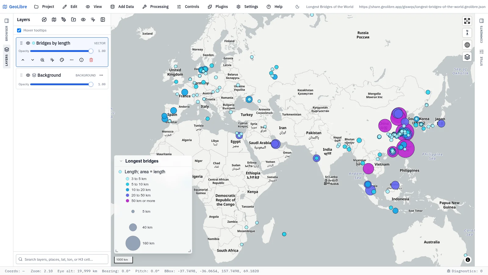 GeoLibre map: Longest bridges of the world
