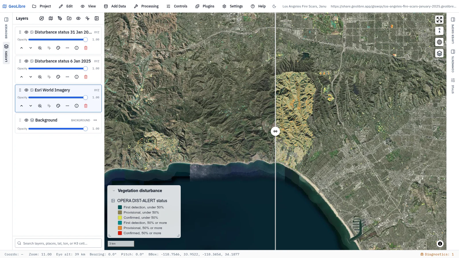 GeoLibre map: Los Angeles fire scars, January 2025