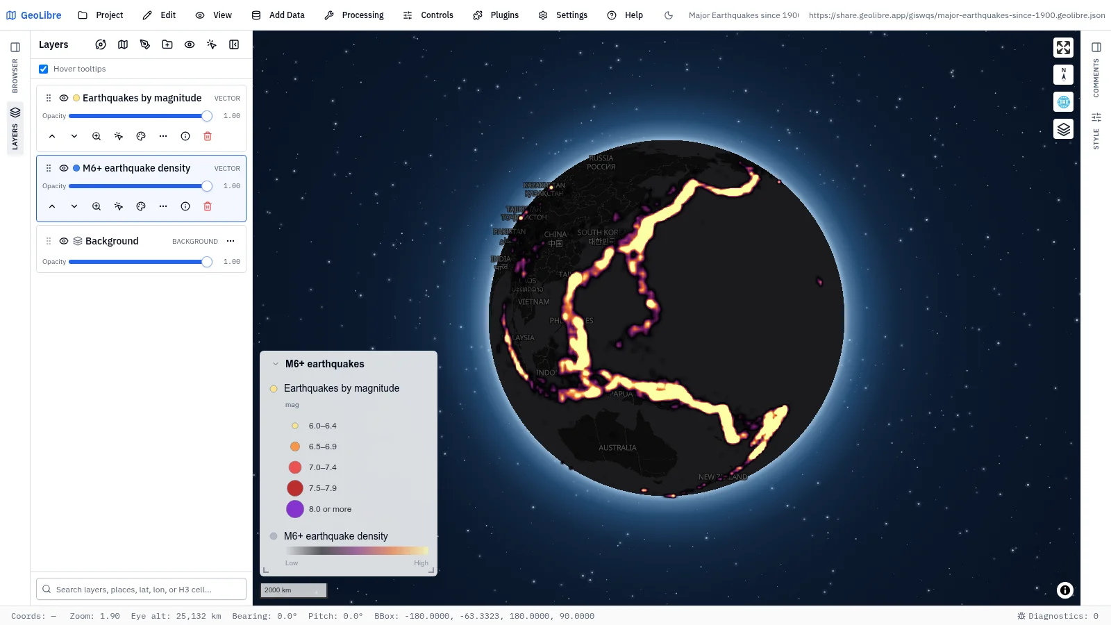 GeoLibre map: Major earthquakes since 1900