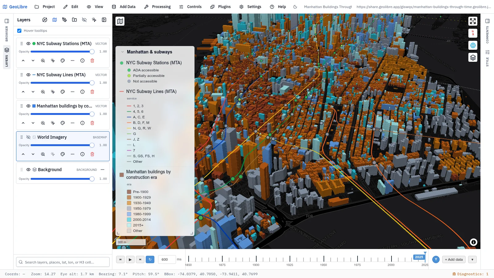 GeoLibre map: Manhattan buildings through time