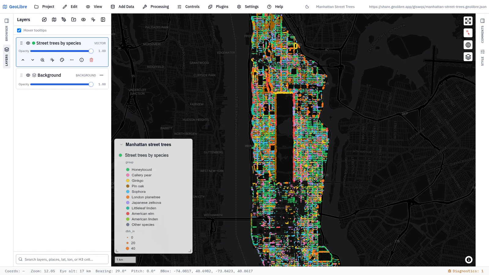 GeoLibre map: Manhattan street trees