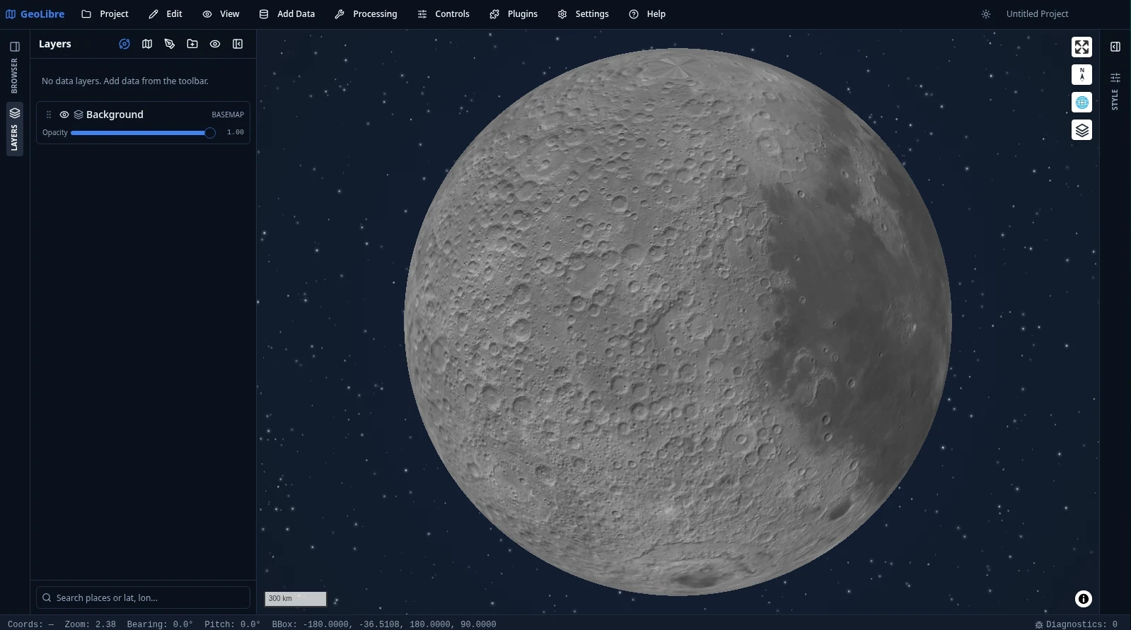 Moon: basemap from OpenPlanetaryMap, scale bar at 300 km