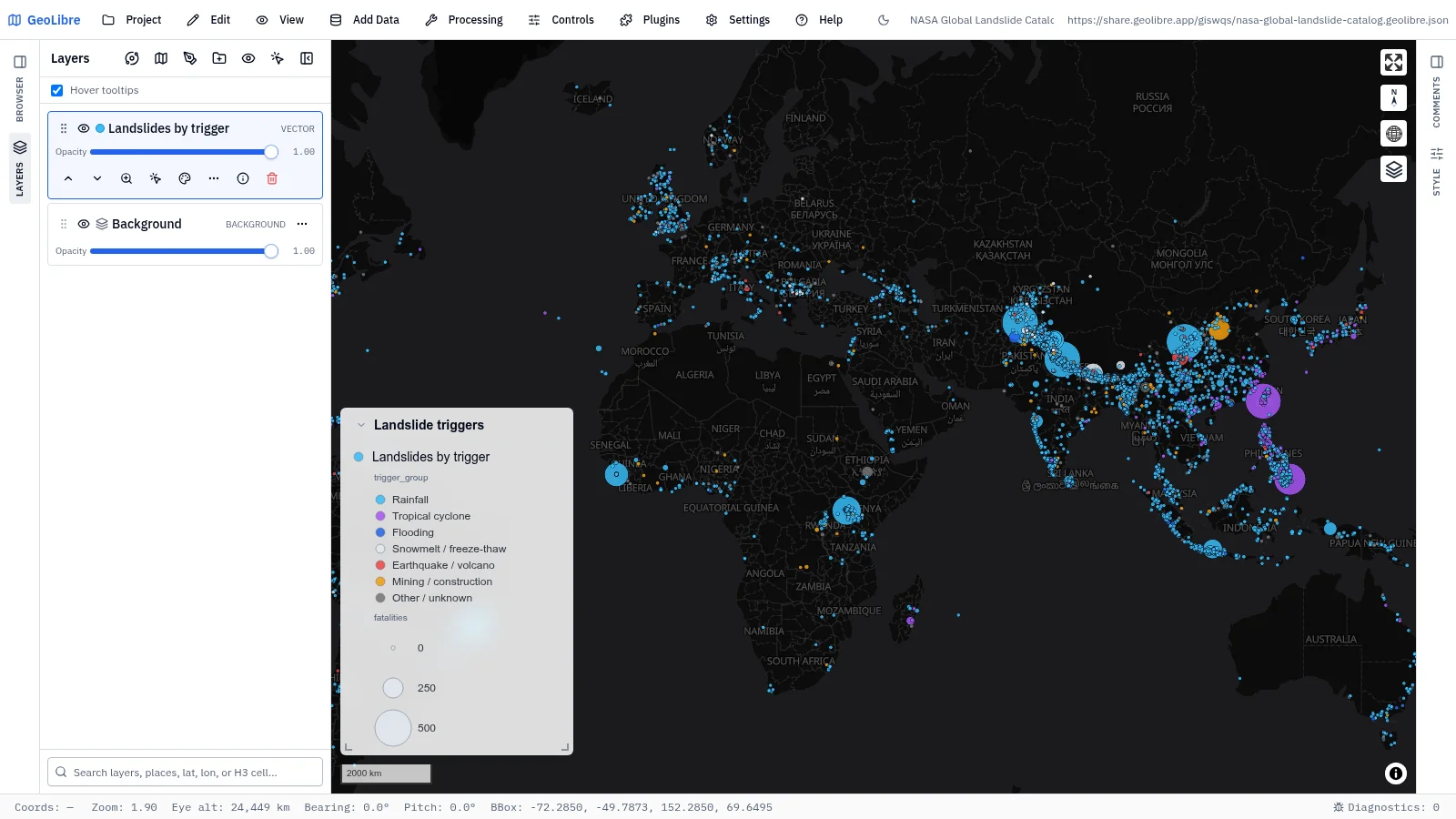 GeoLibre map: NASA Global Landslide Catalog