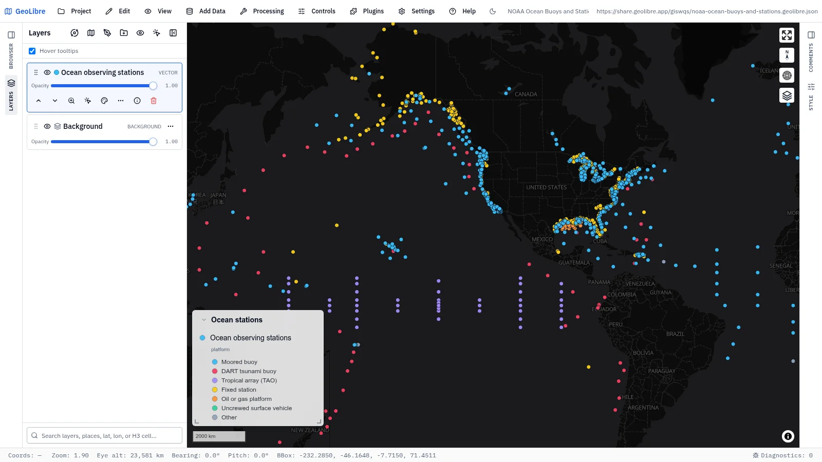 GeoLibre map: NOAA ocean buoys and stations