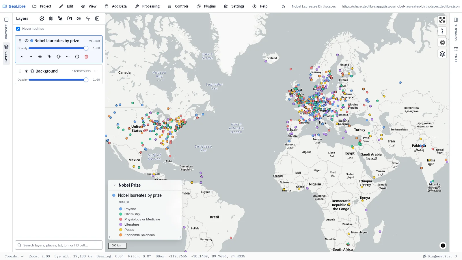 GeoLibre map: Nobel laureates birthplaces