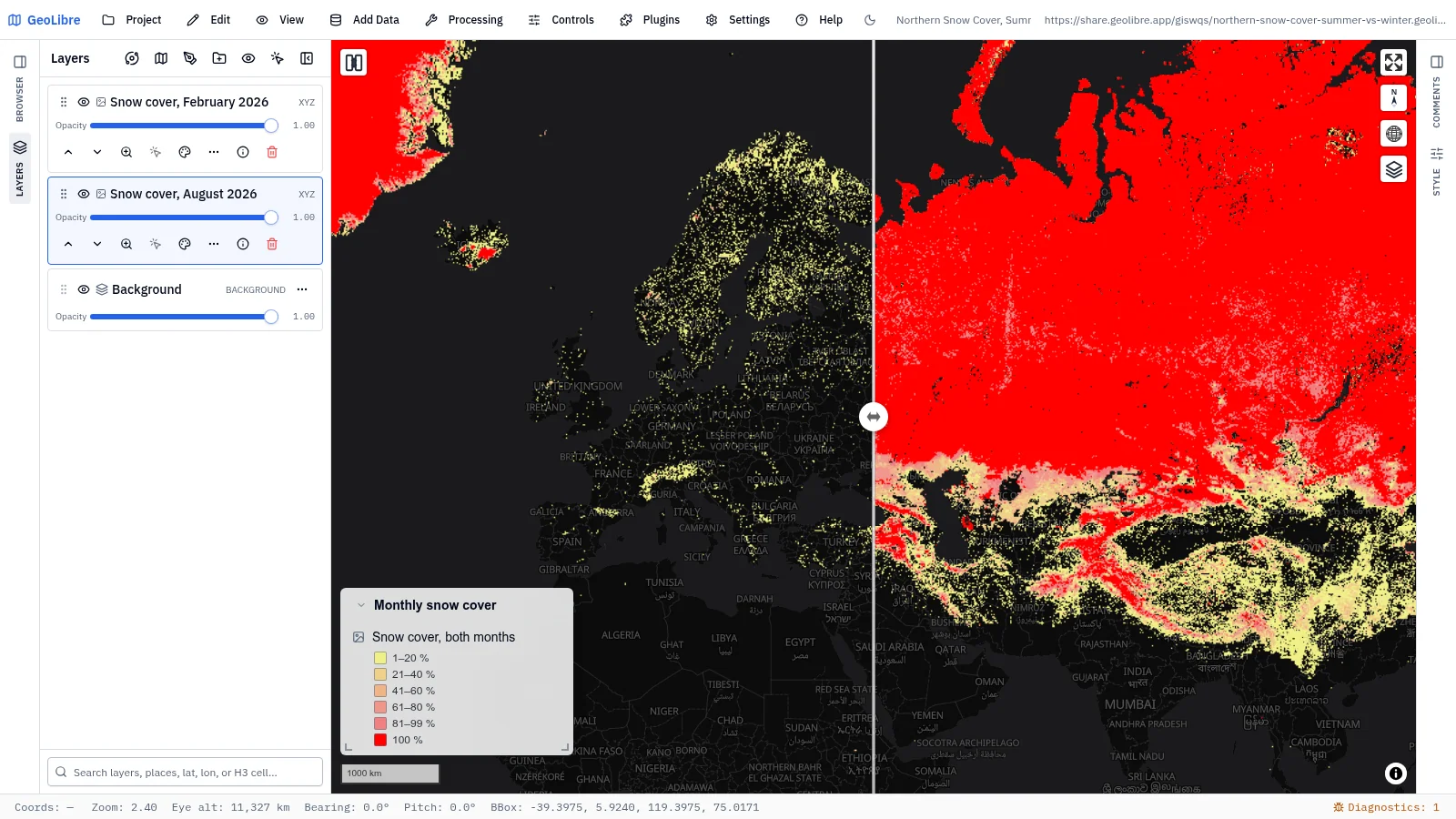 GeoLibre map: Northern snow cover, summer vs winter