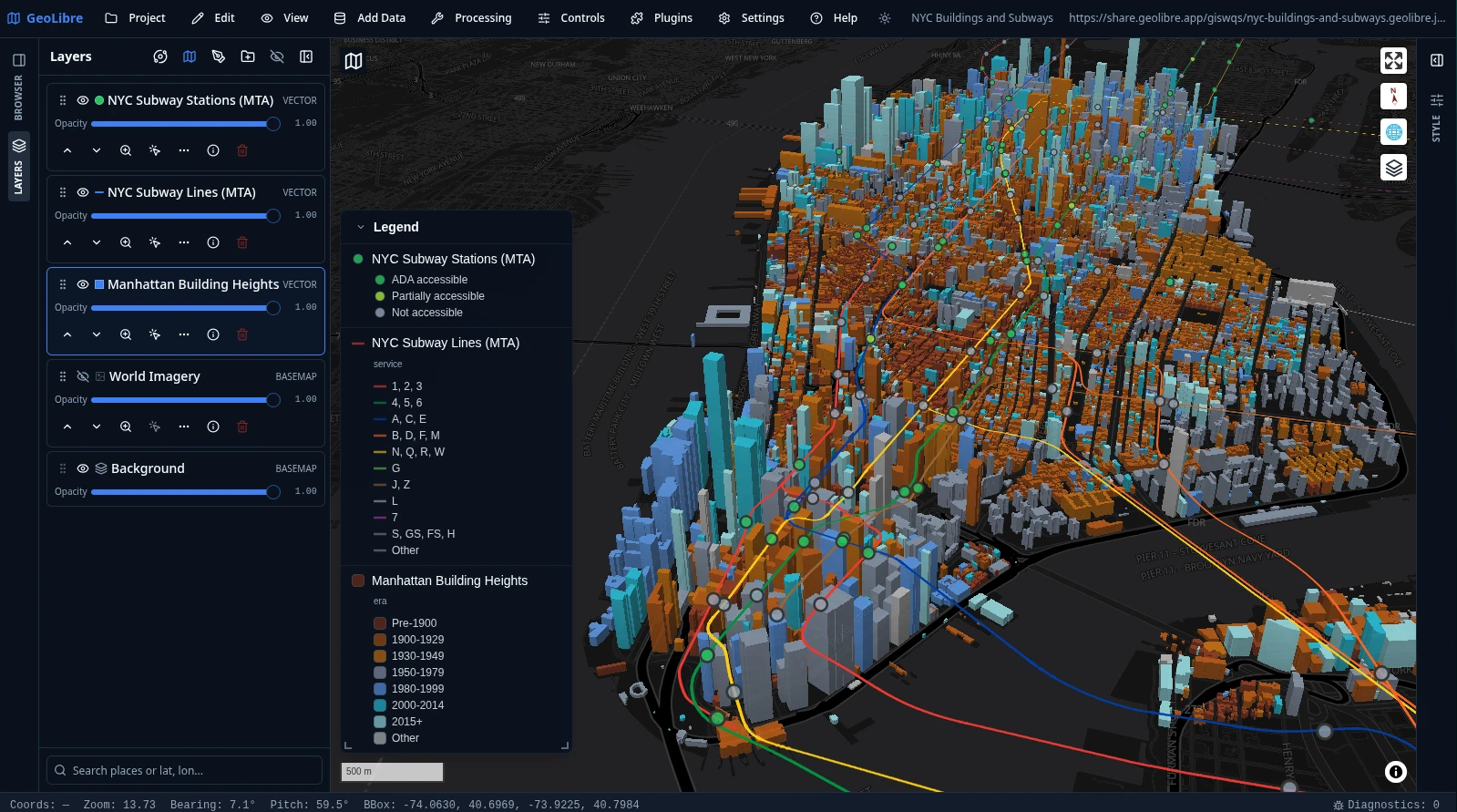 Manhattan buildings extruded in 3D and colored by construction era, with MTA subway lines and stations and an auto-generated legend