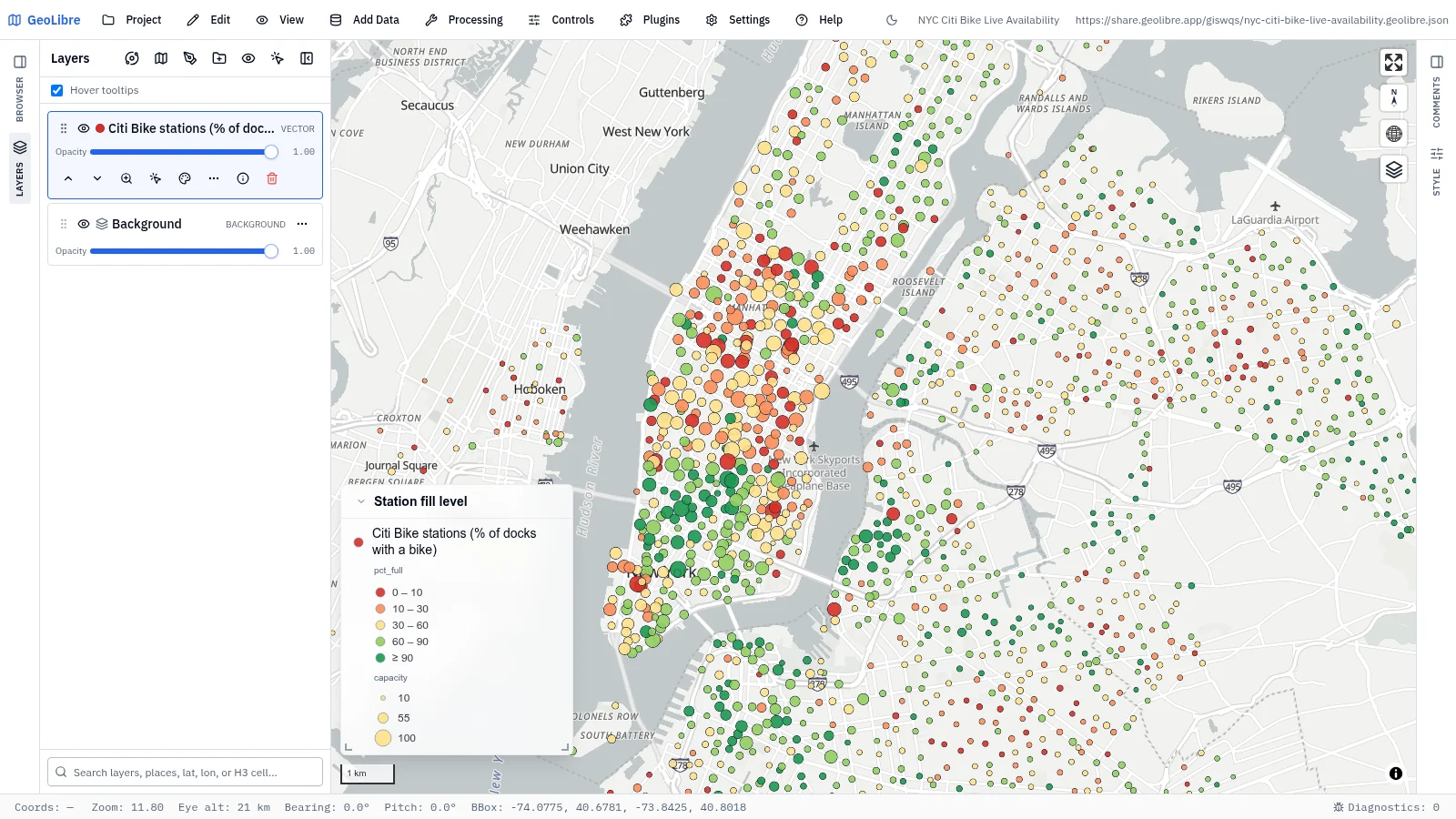 GeoLibre map: NYC Citi Bike availability