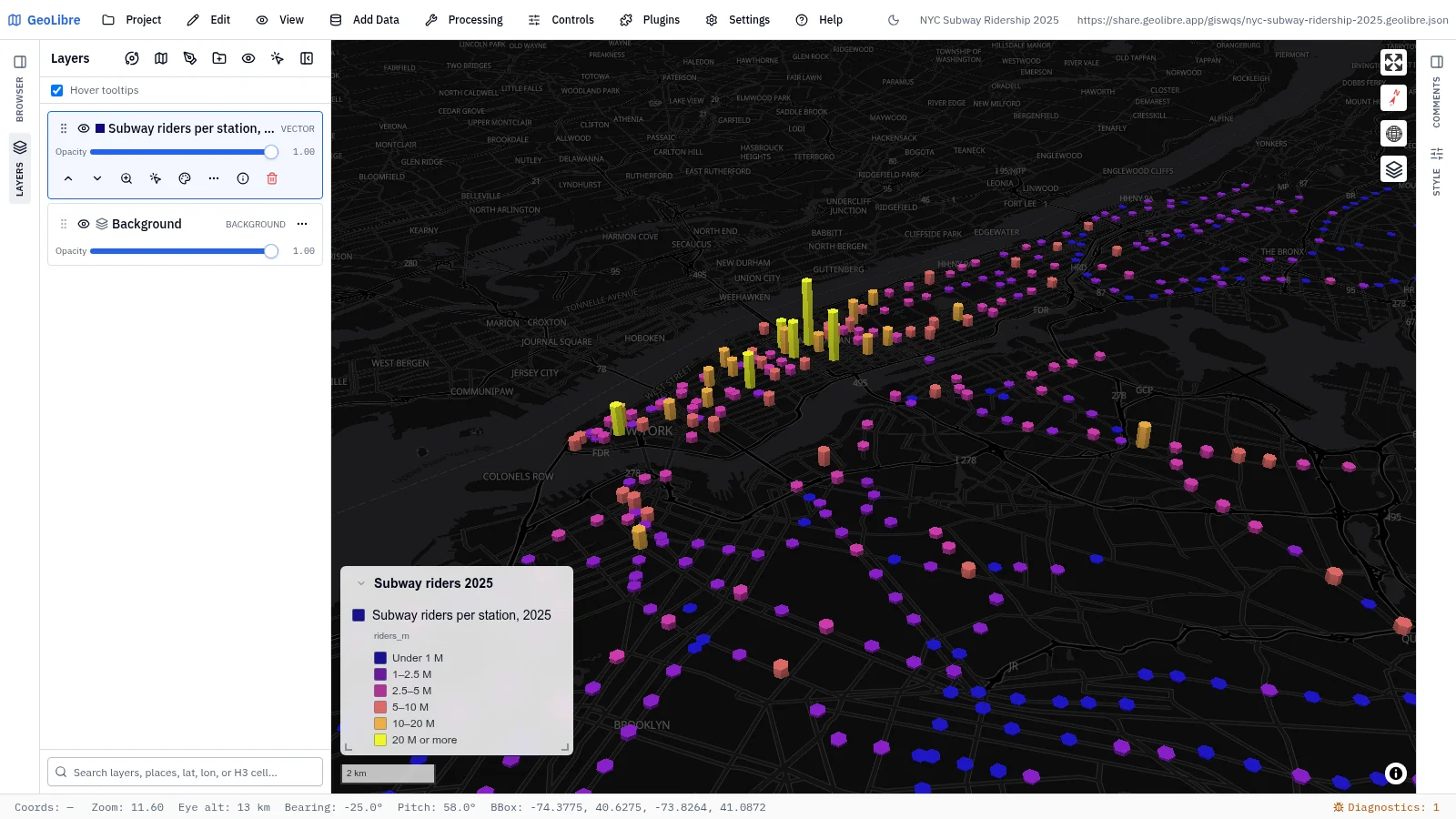 GeoLibre map: NYC subway ridership 2025