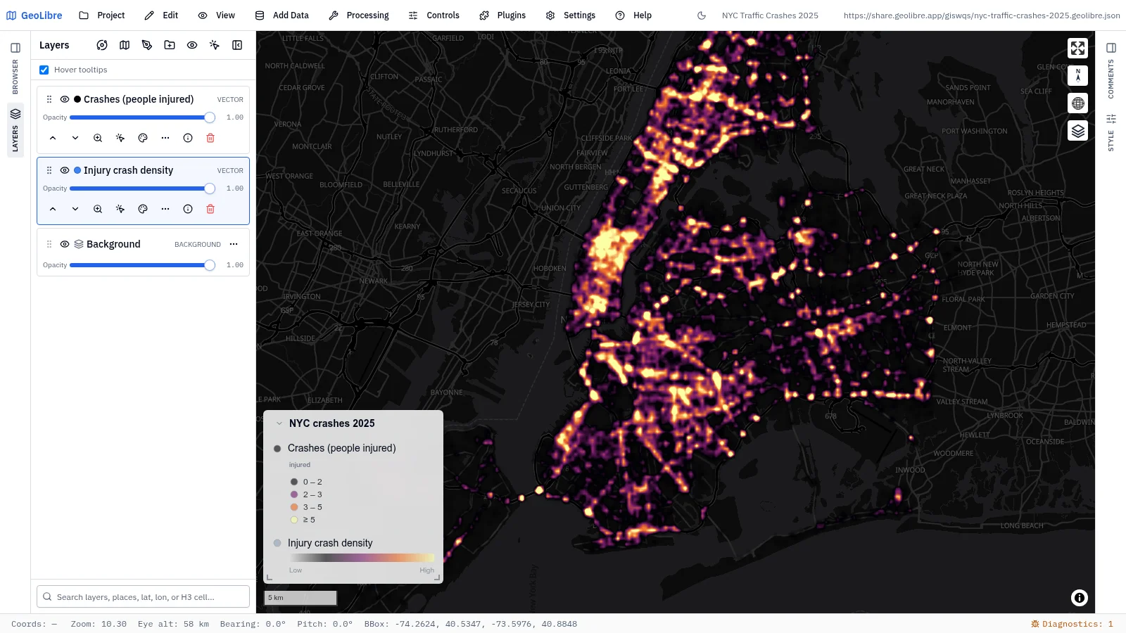 GeoLibre map: NYC traffic crashes 2025