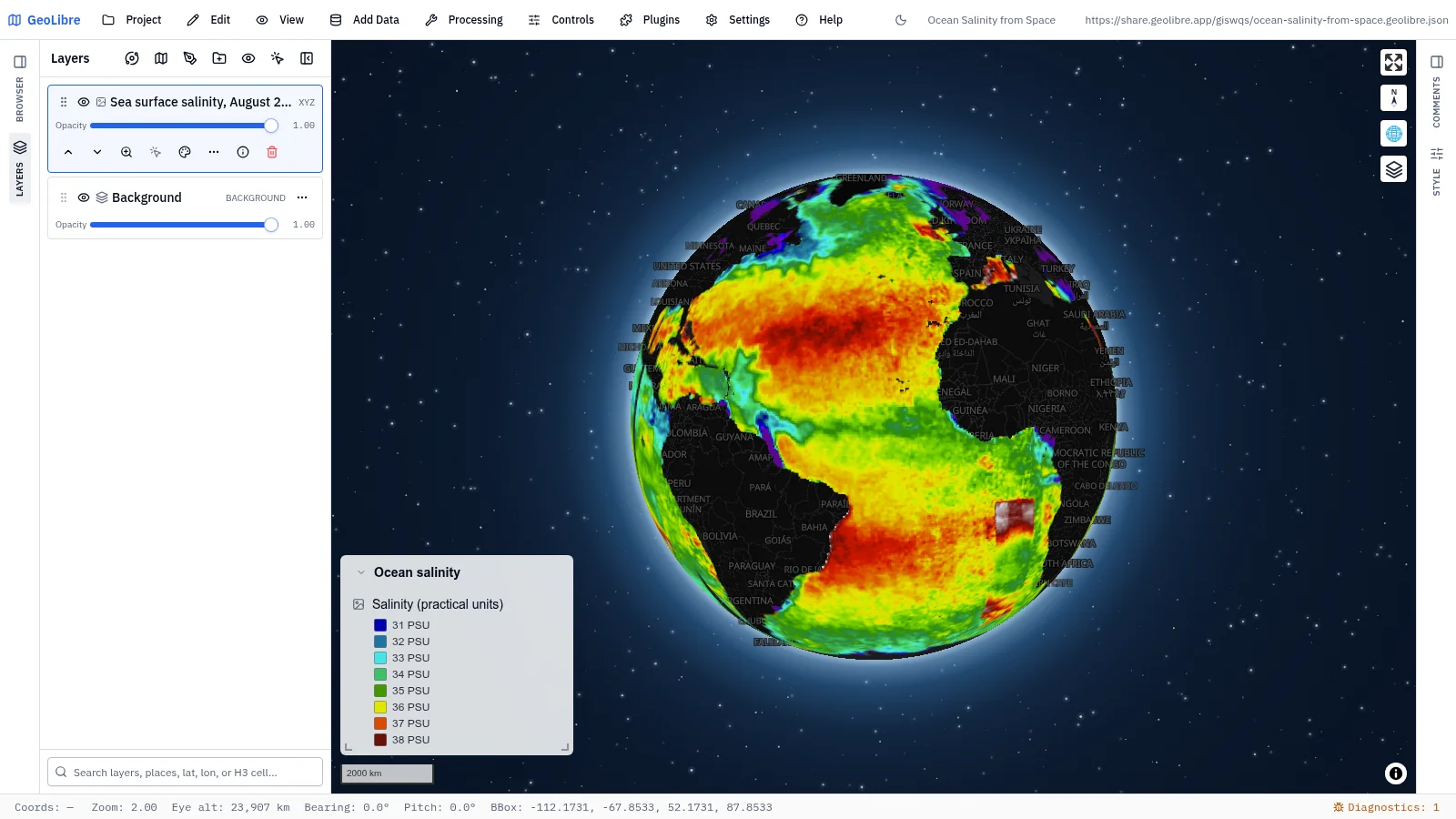 GeoLibre map: Ocean salinity from space