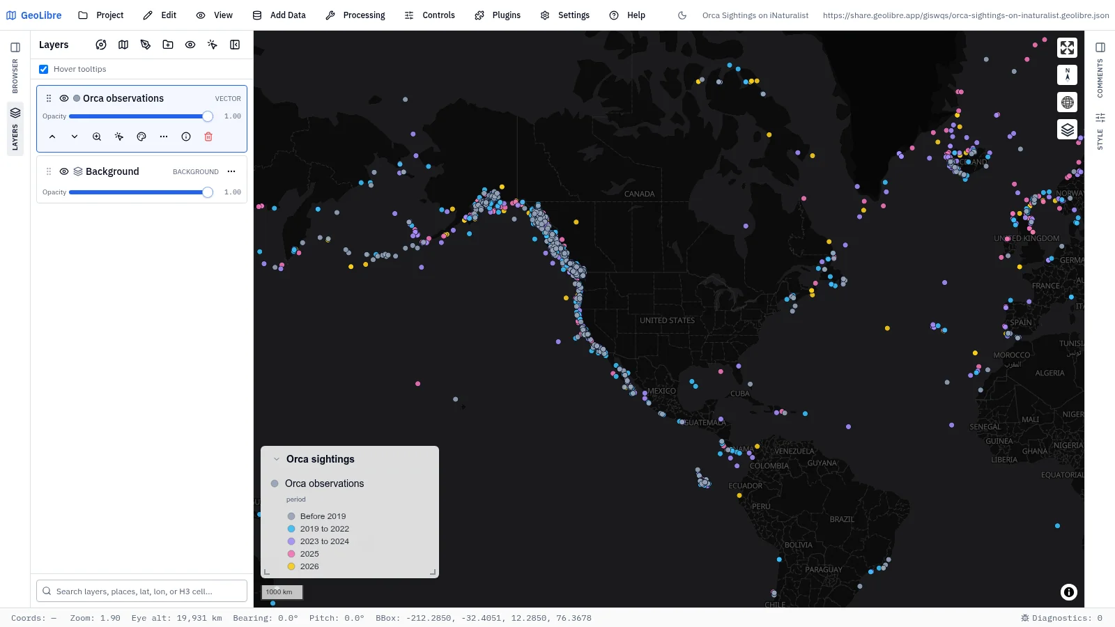 GeoLibre map: Orca sightings on iNaturalist