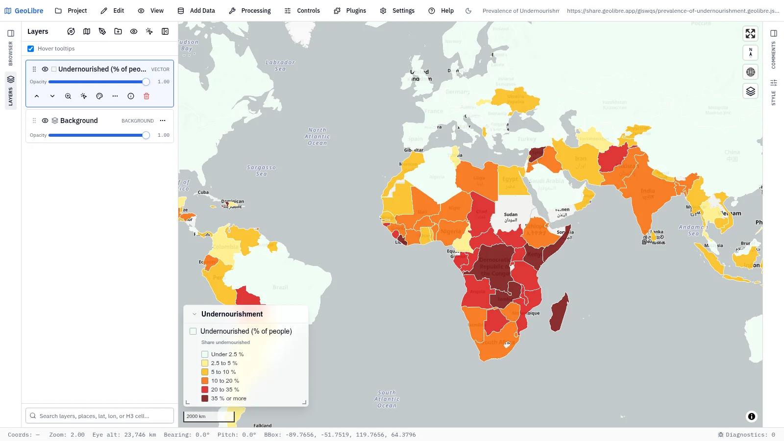 GeoLibre map: Prevalence of undernourishment
