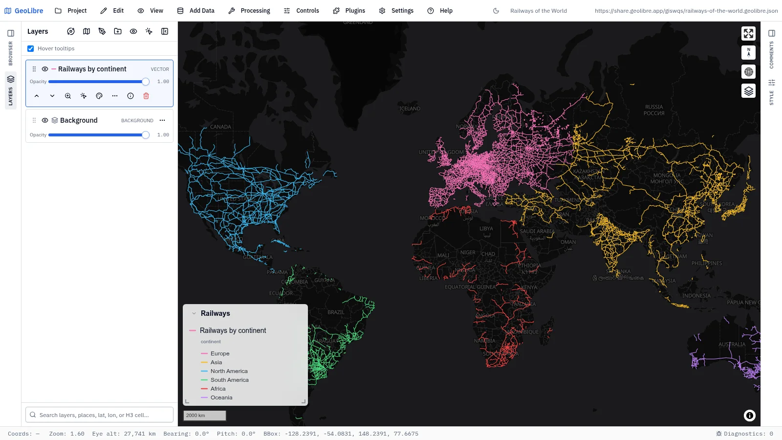 GeoLibre map: Railways of the world