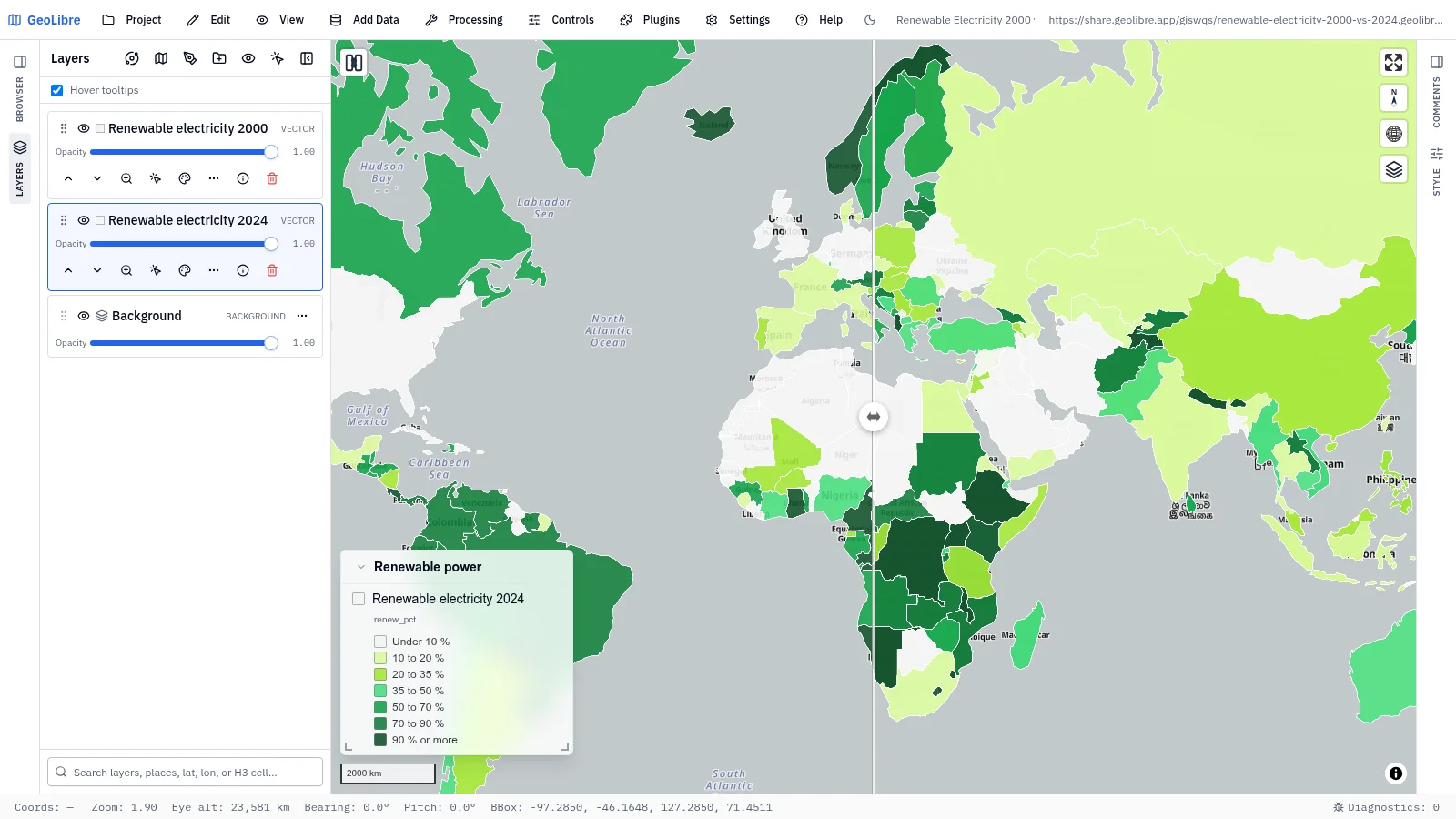 GeoLibre map: Renewable electricity, 2000 vs 2024