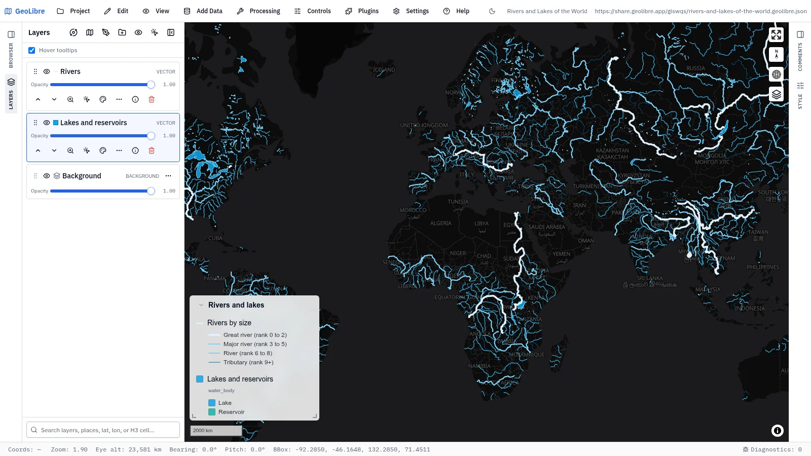 GeoLibre map: Rivers and lakes of the world