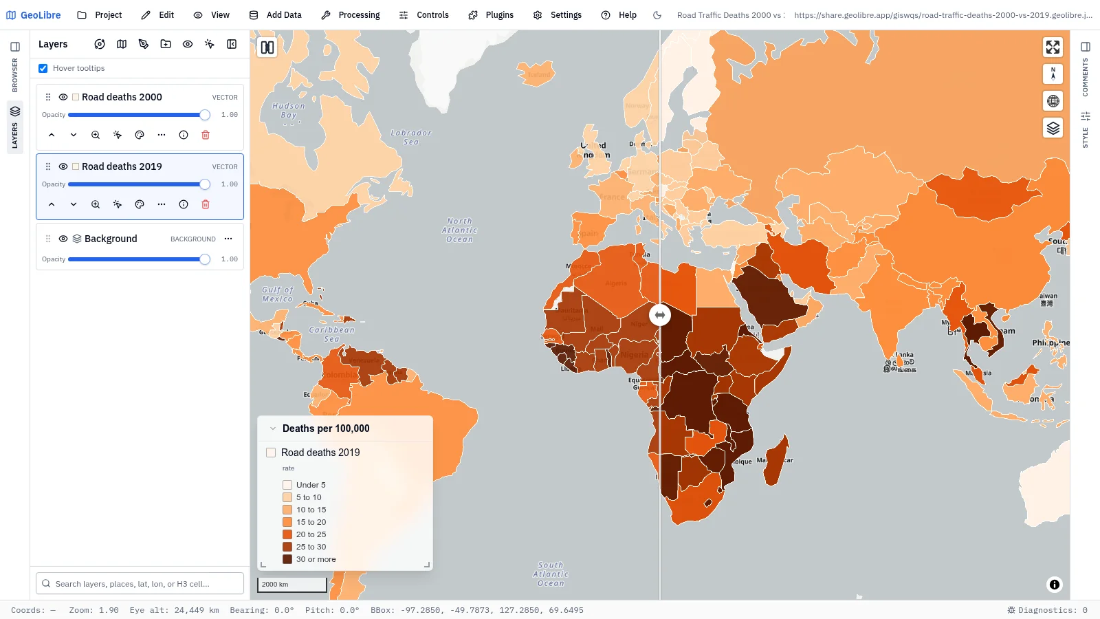 GeoLibre map: Road traffic deaths, 2000 vs 2019