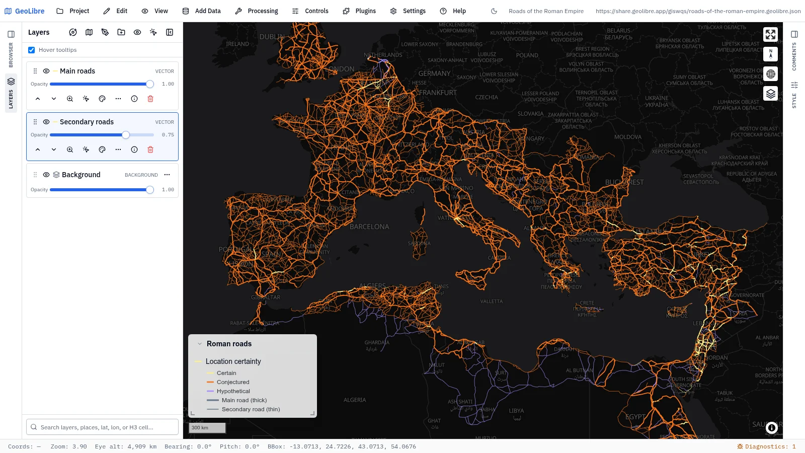GeoLibre map: Roads of the Roman Empire