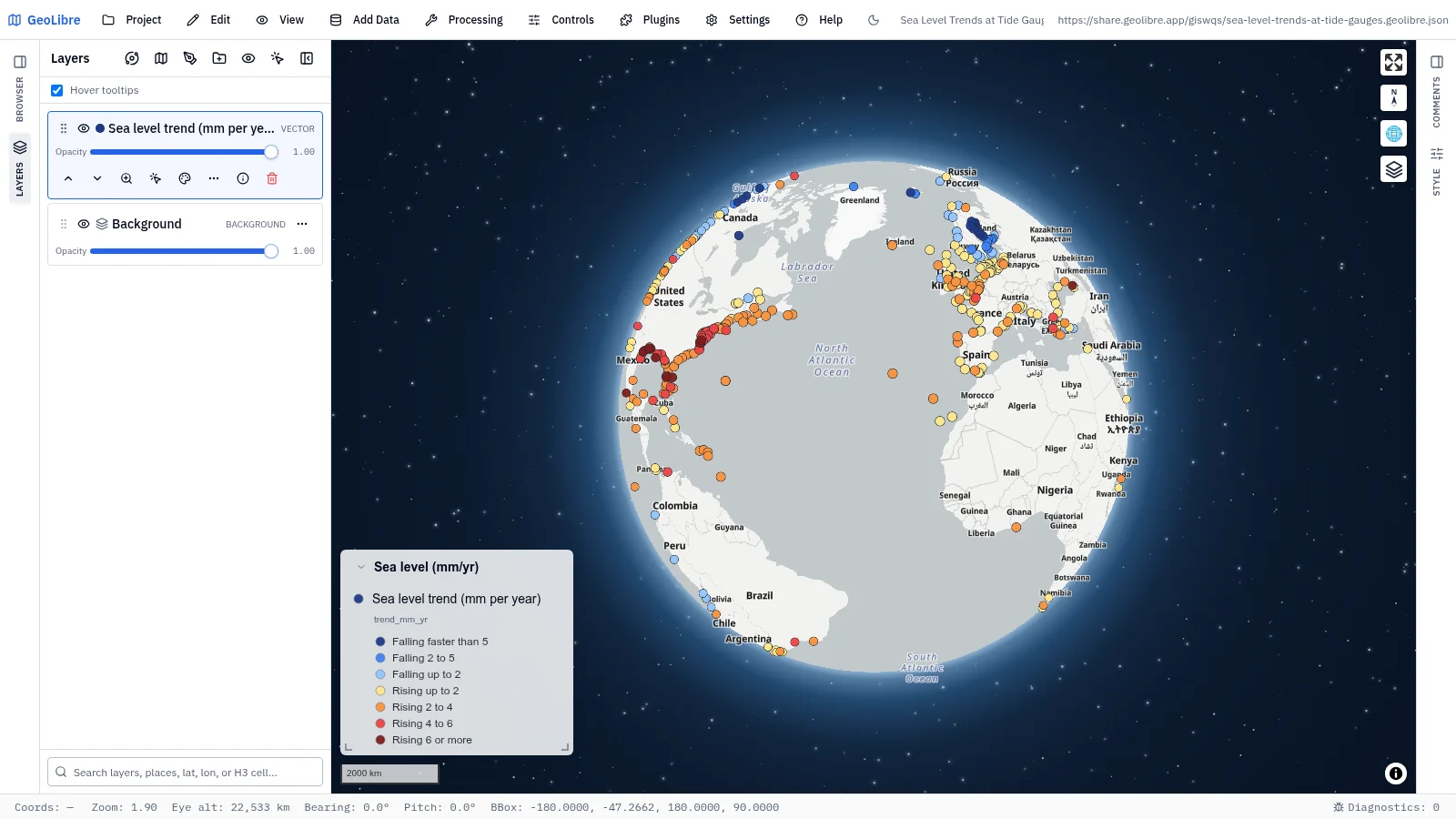 GeoLibre map: Sea level trends at tide gauges