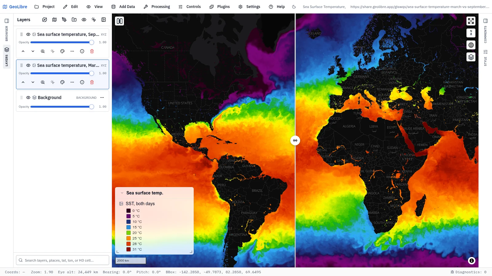 GeoLibre map: Sea surface temperature, March vs September