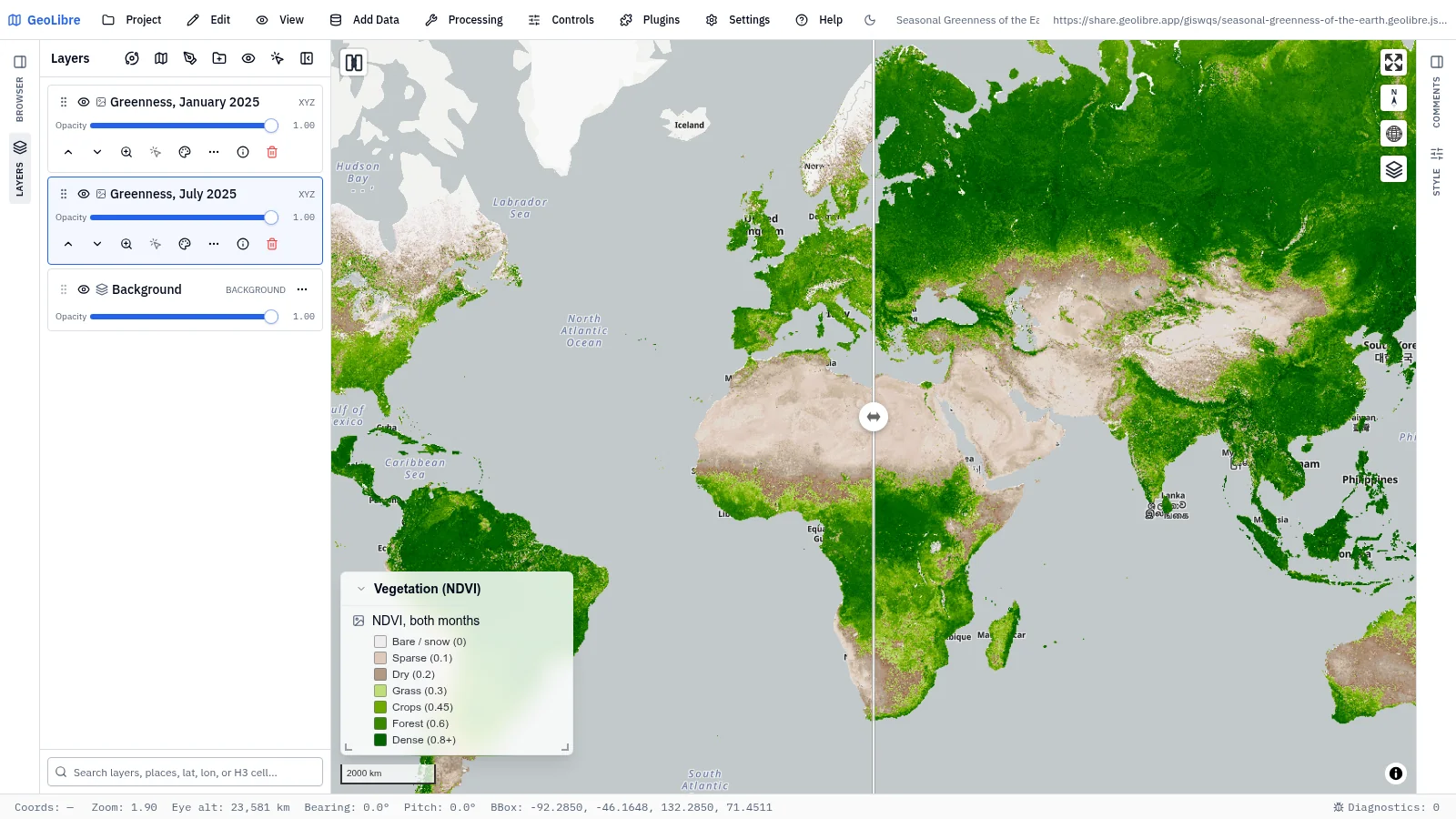 GeoLibre map: Seasonal greenness of the Earth