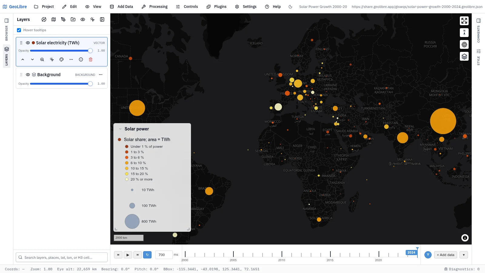 GeoLibre map: Solar power growth, 2000–2024