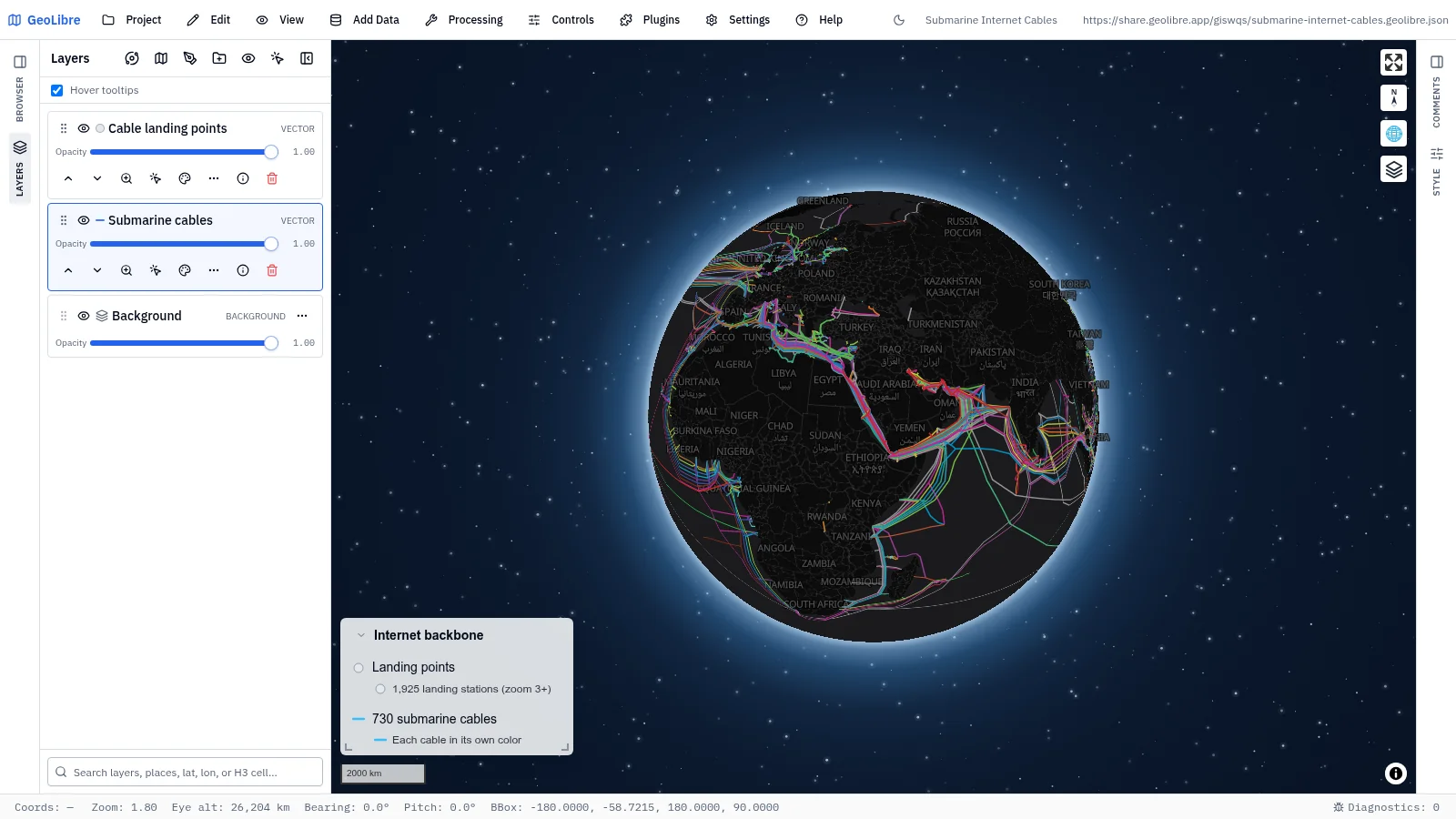 GeoLibre map: Submarine internet cables