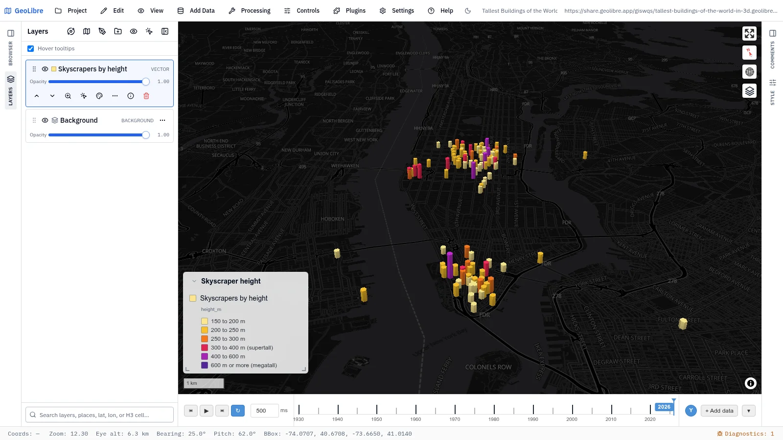 GeoLibre map: Tallest buildings of the world in 3D