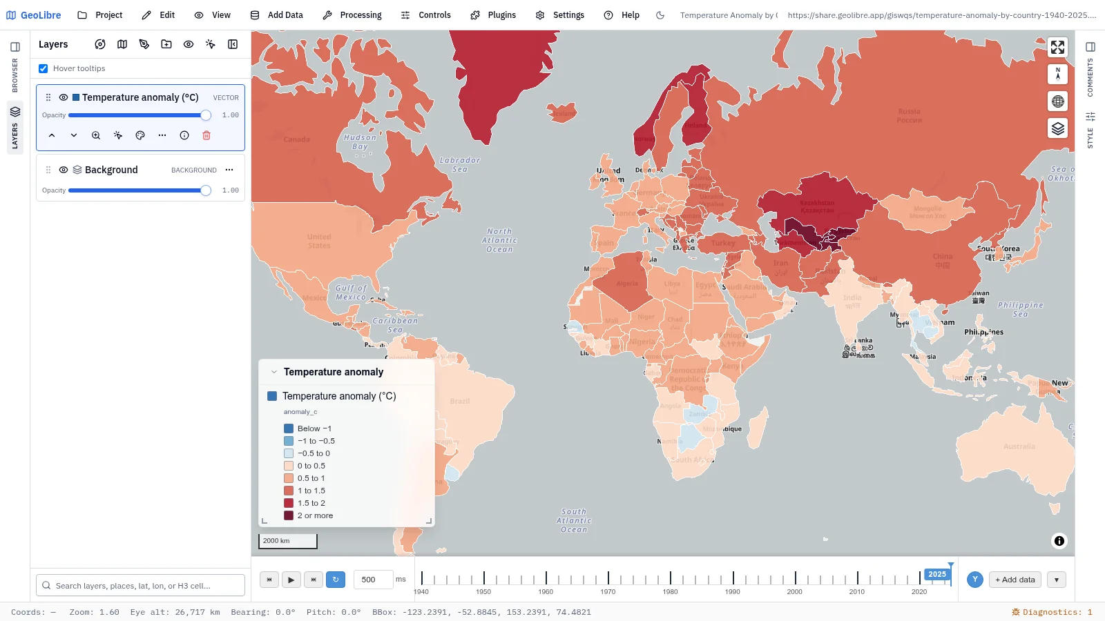 GeoLibre map: Temperature anomaly by country, 1940–2025