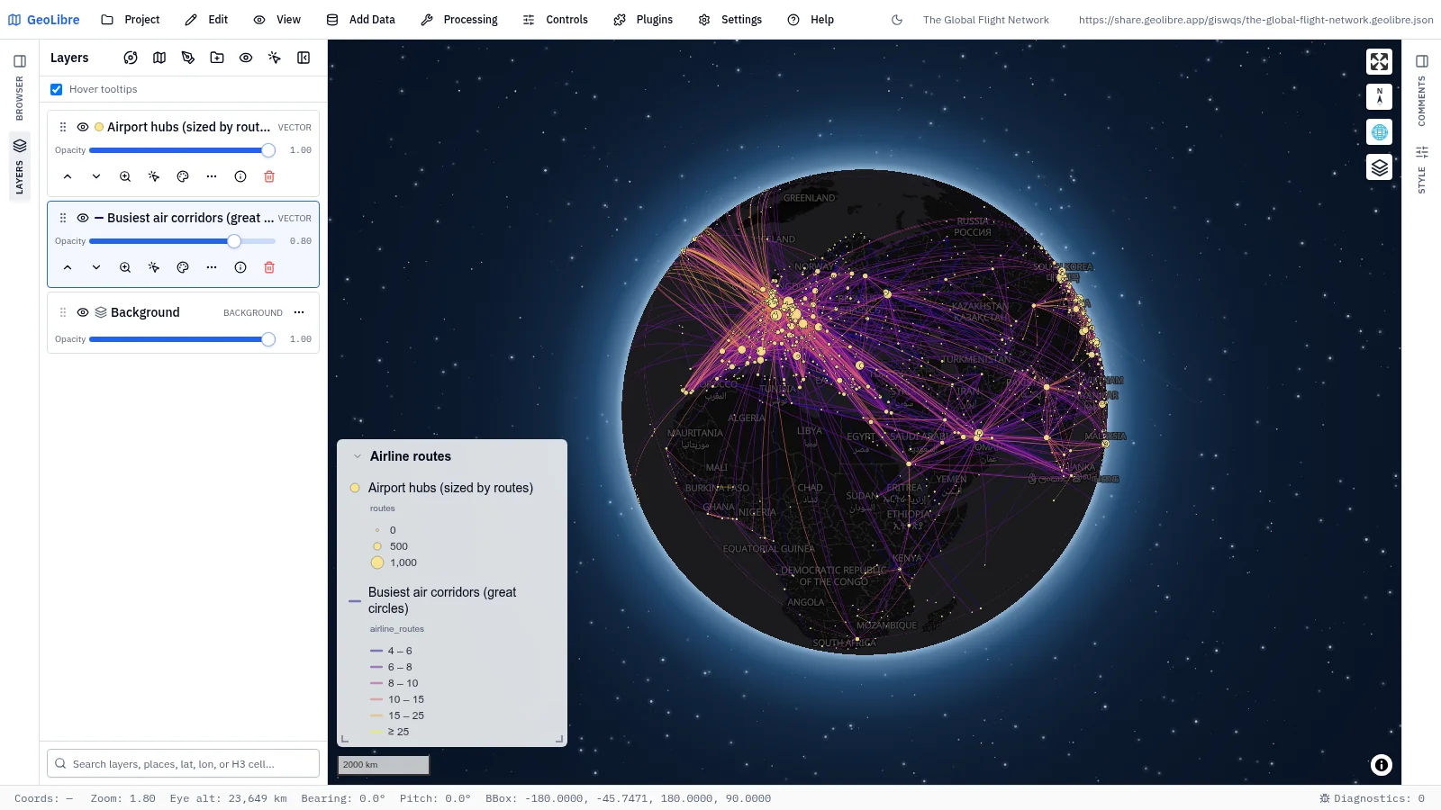 GeoLibre map: The global flight network