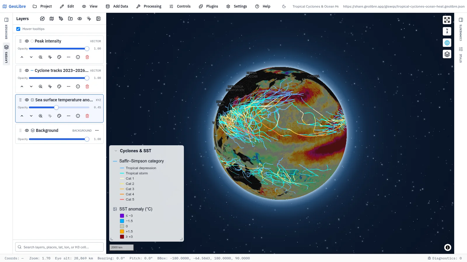 GeoLibre map: Tropical cyclones & ocean heat