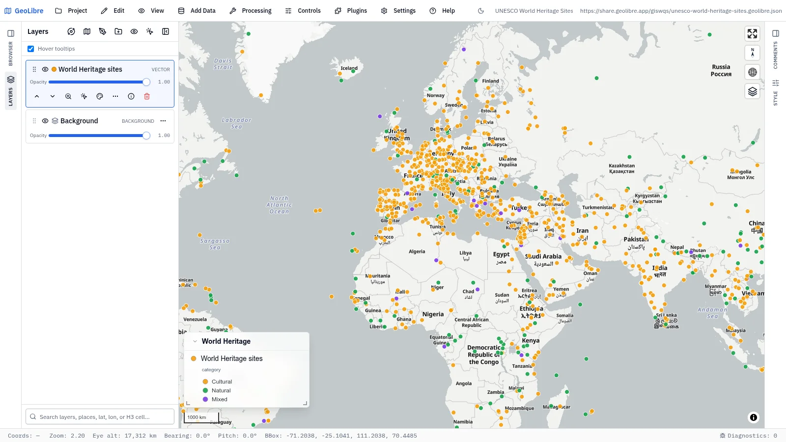 GeoLibre map: UNESCO World Heritage sites