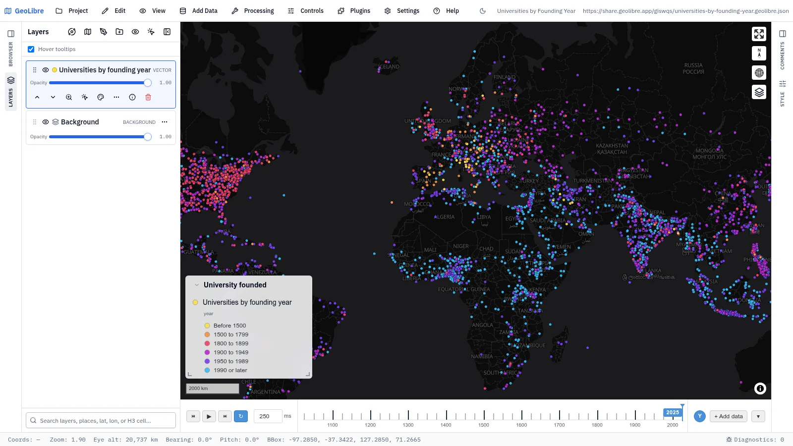 GeoLibre map: Universities by founding year