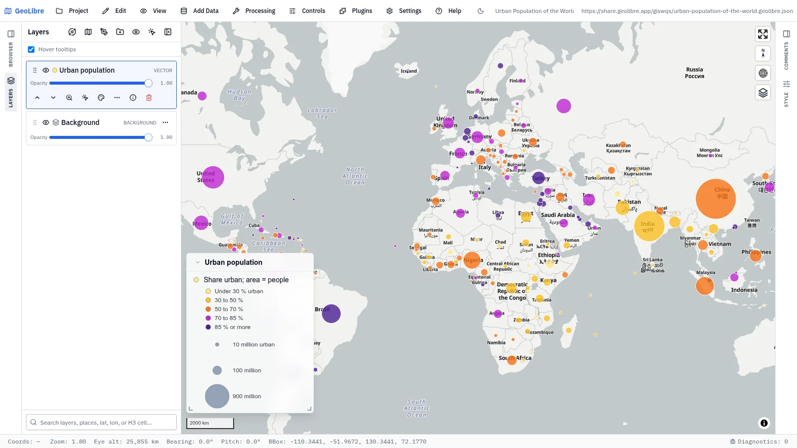 GeoLibre map: Urban population of the world