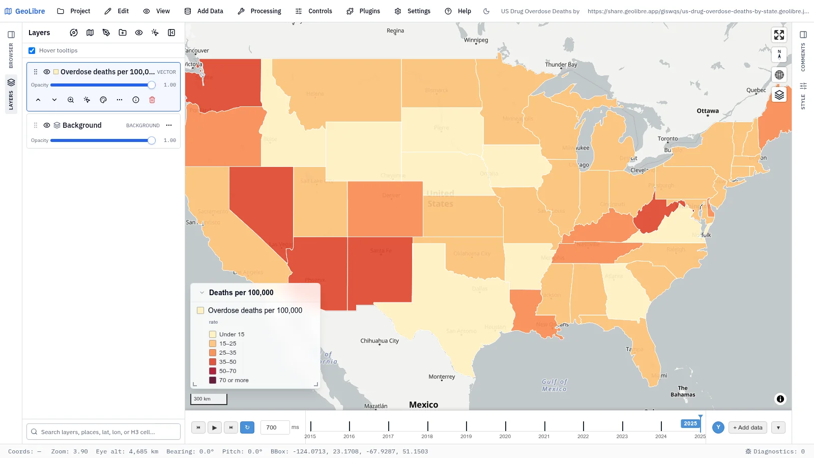 GeoLibre map: US drug overdose deaths by state