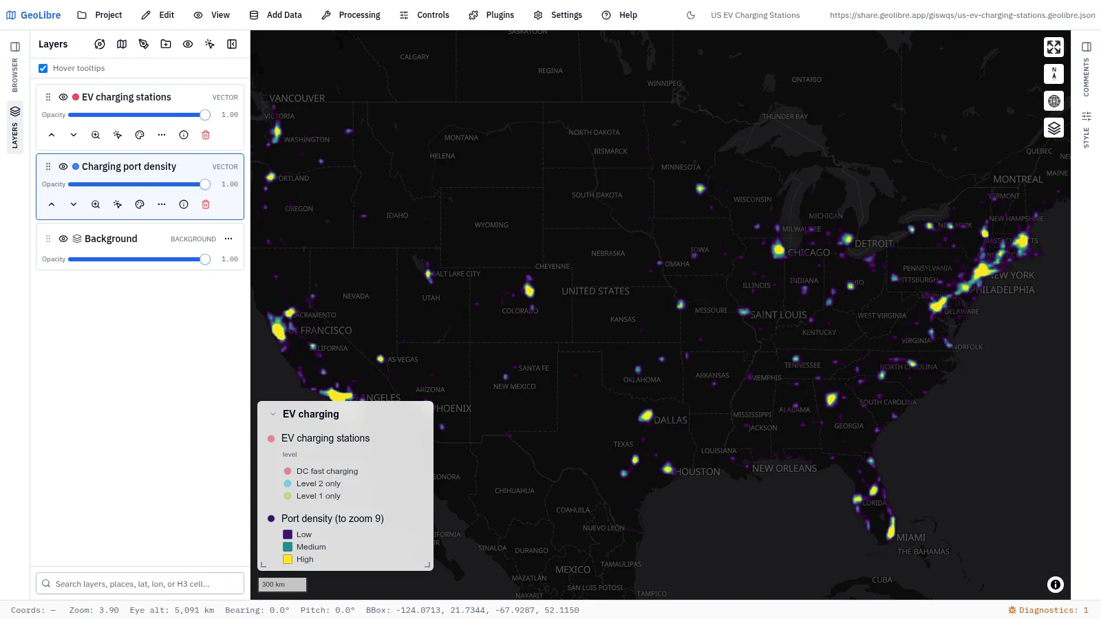 GeoLibre map: US EV charging stations