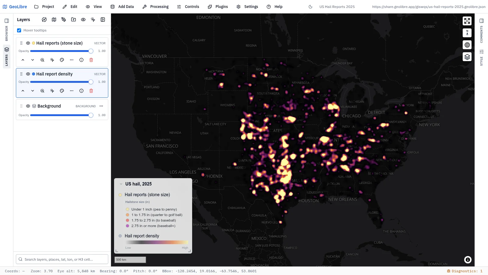 GeoLibre map: US hail reports 2025