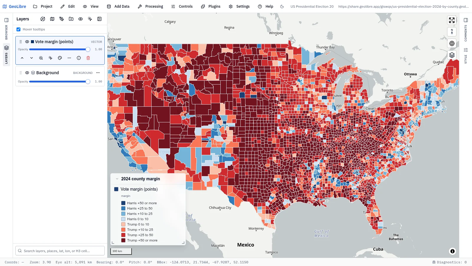 GeoLibre map: US presidential election 2024 by county