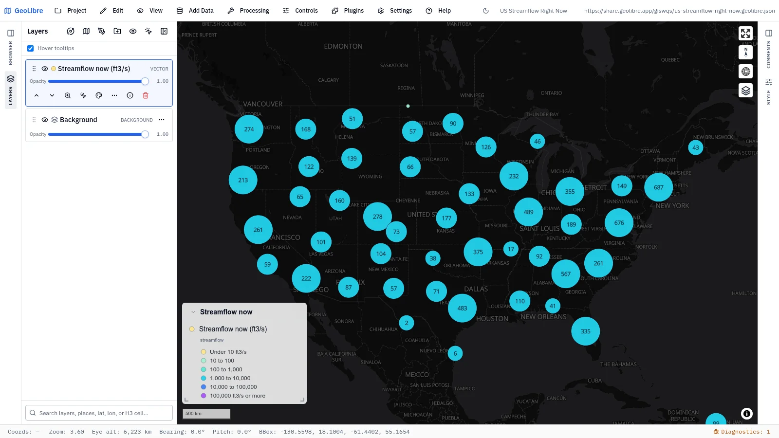 GeoLibre map: US streamflow right now
