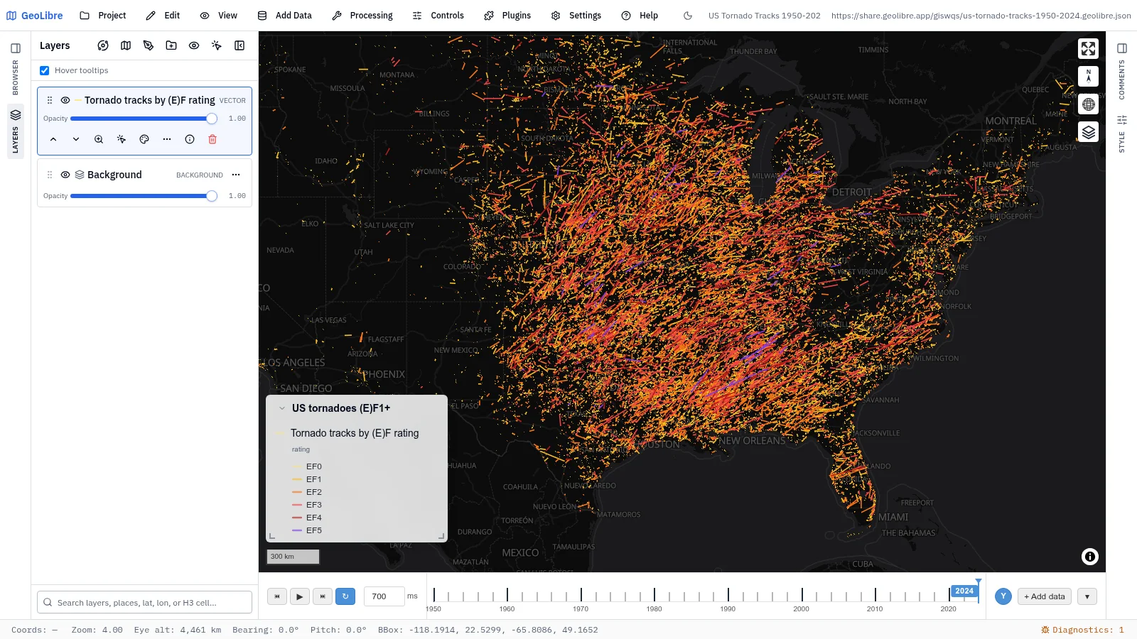 GeoLibre map: US tornado tracks, 1950–2024